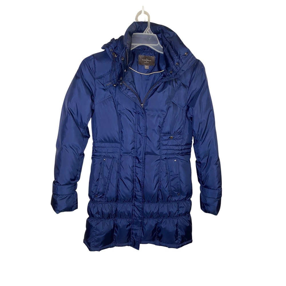 Cole Haan Womens Navy Blue Down Fill Hooded Puffer Coat Jacket Size XS RN54163